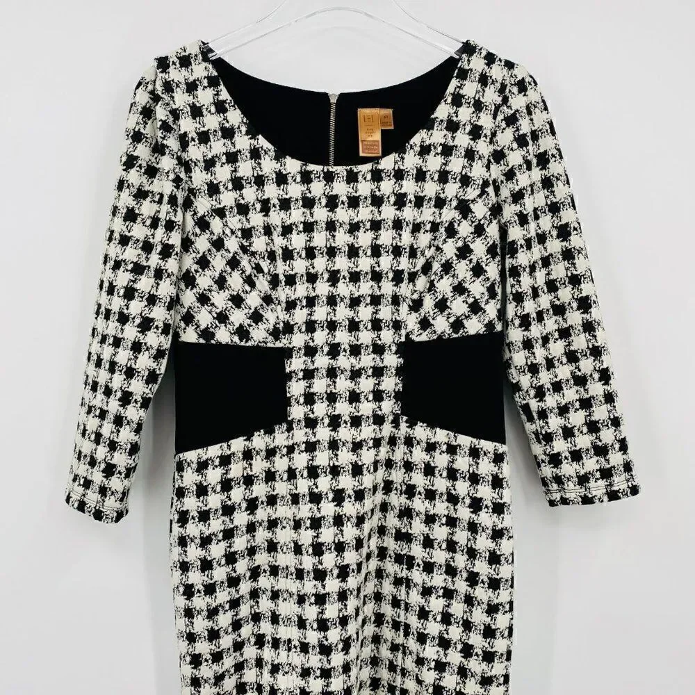 LEL Long Elegant Legs Size 8 Black & White Plaid 3/4 Sleeve Career Sheath Dress